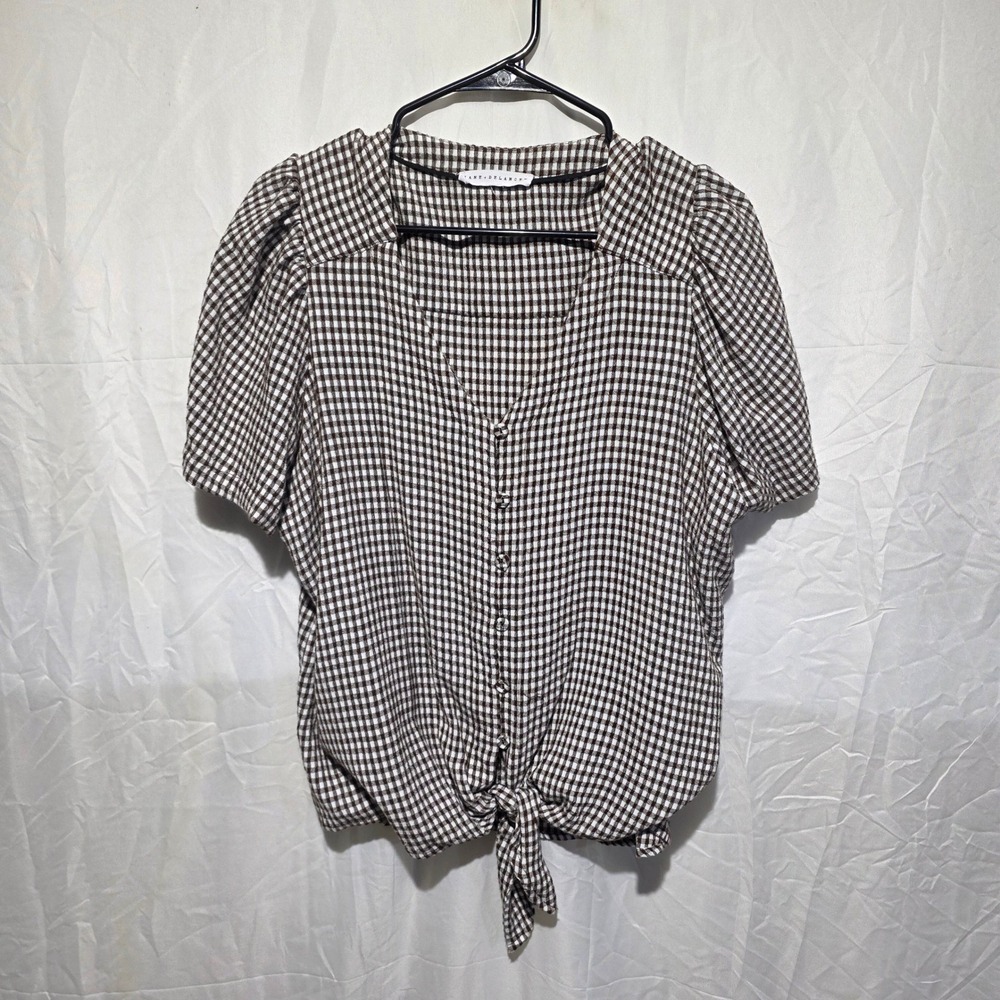 Jane + Delancey Brown Gingham Check Tie Front Puff Sleeve Button Up Top XL